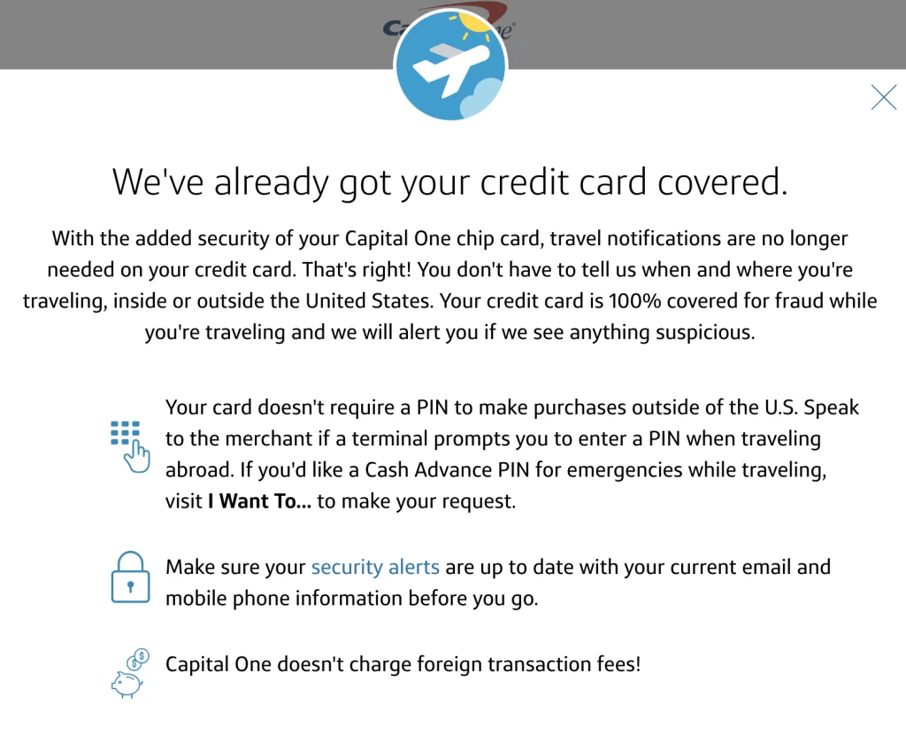 Statement about Capital One credit cards not requiring travel notifications