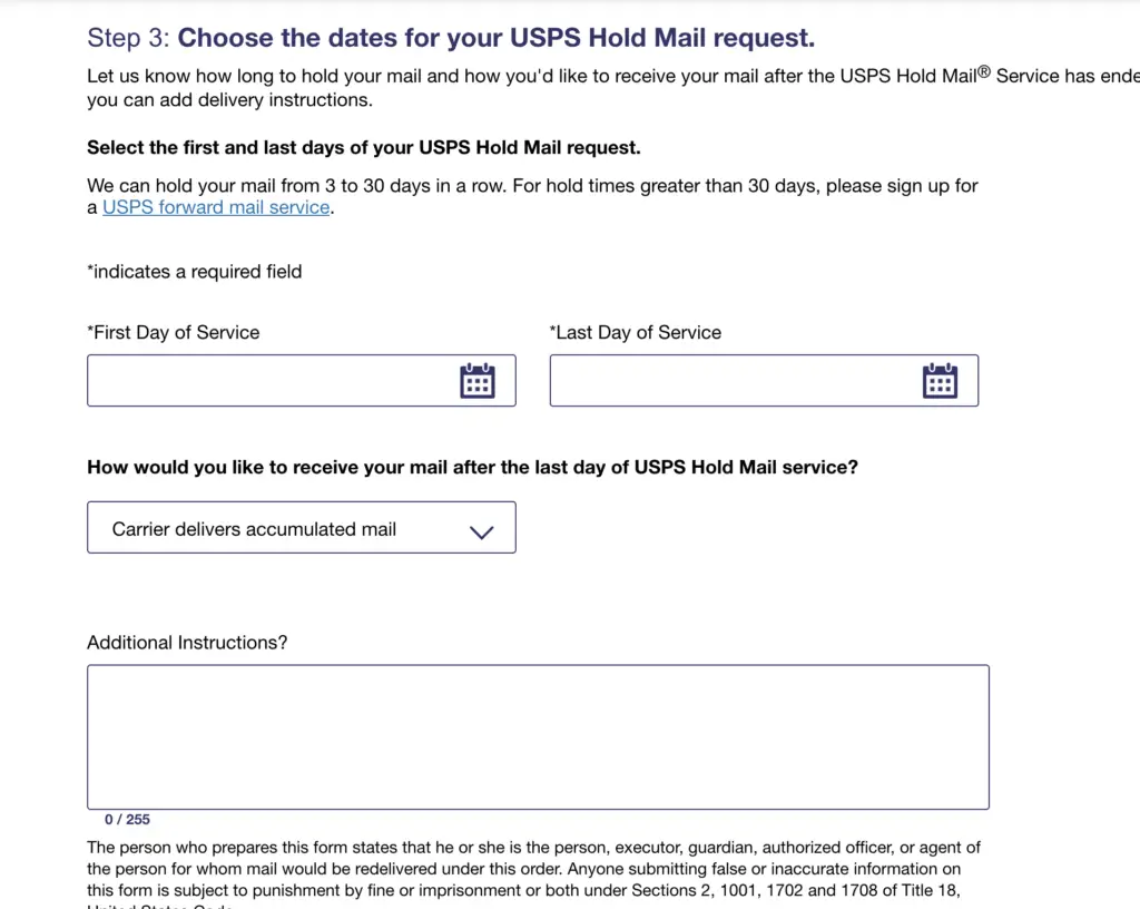 choosing dates for mail hold service