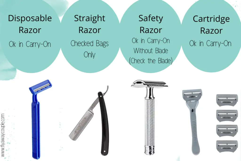 Explaining the different kinds of razors and which ones can be brought onboard an airplane.