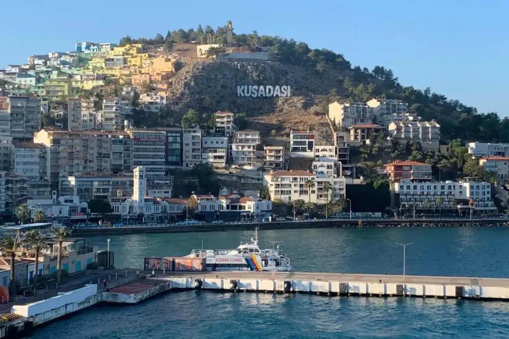 Kusadasi, Turkey sign on the shores of the cruise port terminal