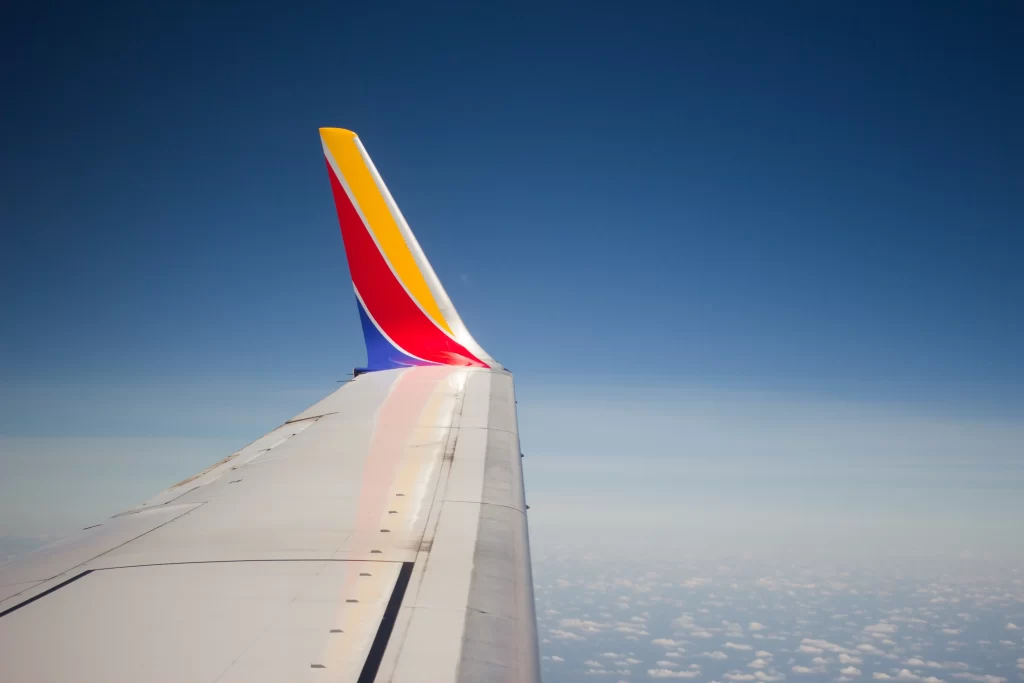 wing of southwest airplane in the sky