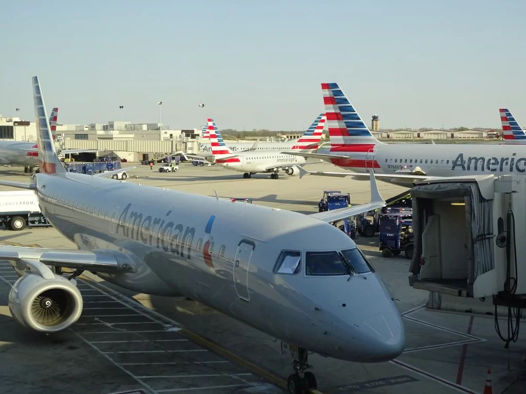 Multiple planes for American Airlines parked at the airport