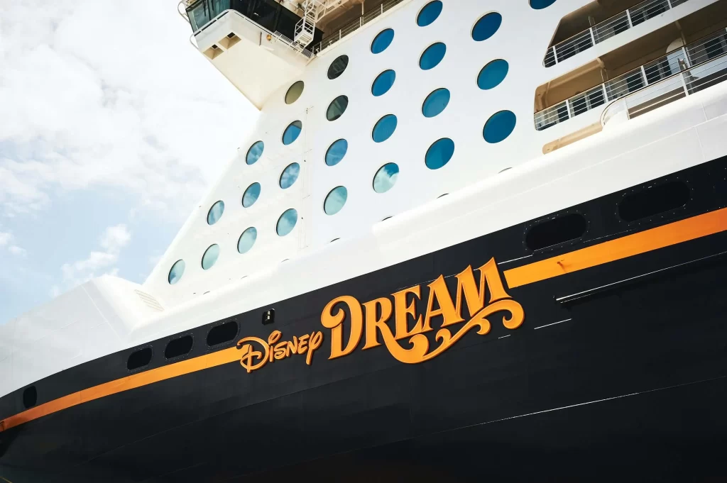 Close up of the writing "Disney Dream" on the Disney Cruise Ship