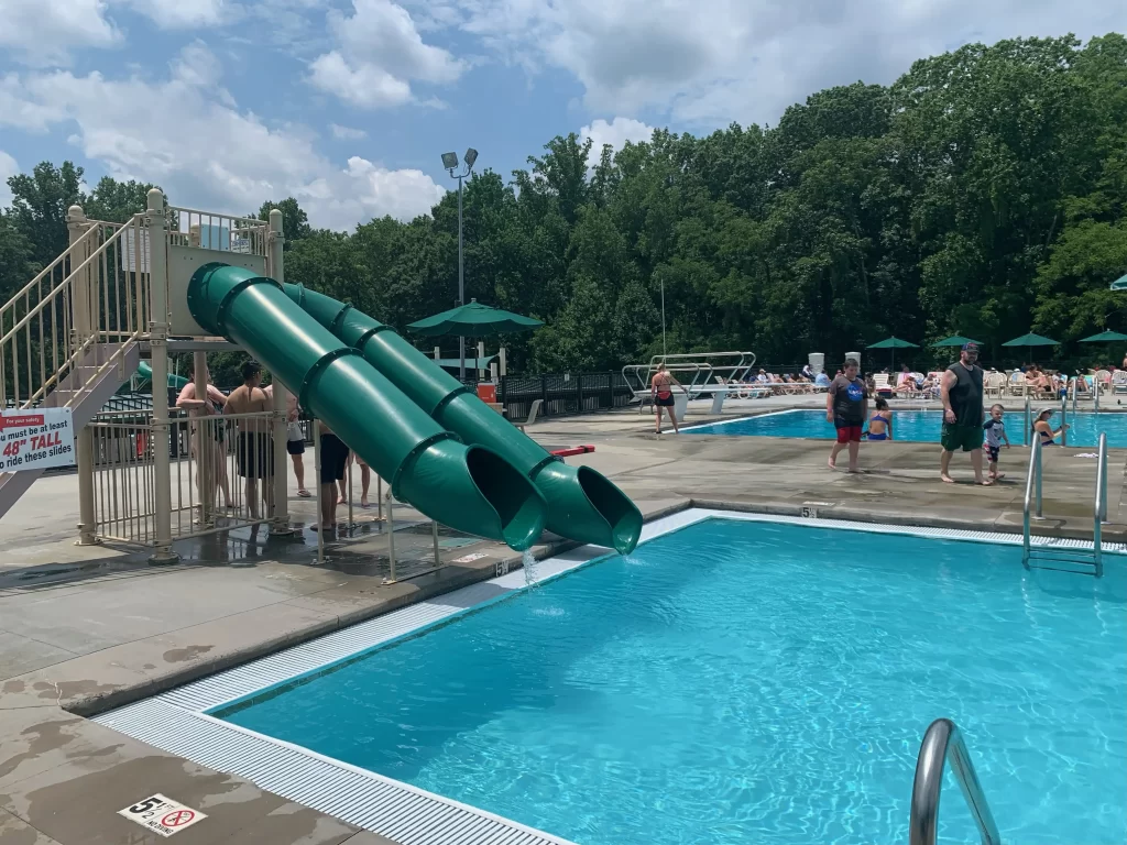 2 of the water slides at the aquatic center at Tanglewood Park 